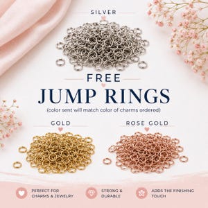 Op de afbeelding: Een verzameling metalen buigringen in zilver-, goud- en ros&eacute;goudkleuren. De afbeelding toont drie afzonderlijke stapels cirkelvormige ringen met tekstlabels die SILVER, FREE JUMP RINGS, GOLD en ROSE GOLD lezen, samen met beschrijvende iconen.