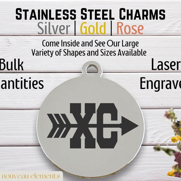 XC - Cross Country, laser engraved charm, stainless steel, SILVER tone charm, gold tone charm, rose tone, track team, sports, running