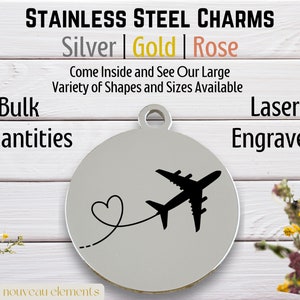 Airplane with Heart Contrails, laser engraved charm, silver tone, gold tone, rose tone, travel charm, jet plane, taking a trip