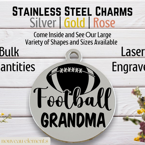 Football Grandma,Laser engraved charm, silver tone, gold tone, rose tone,Stainless steel, football charm, sports grandma, pop warner