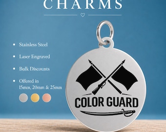 Color Guard Charm, Stainless Steel Engraved Gift, Flag Rifle Saber Jewelry Making Supply