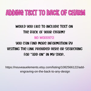 May include: A graphic with text in pink and black on a gradient background. The text reads "Adding Text to Back of Charm" and provides information on adding text to a charm, including a link to the shop.