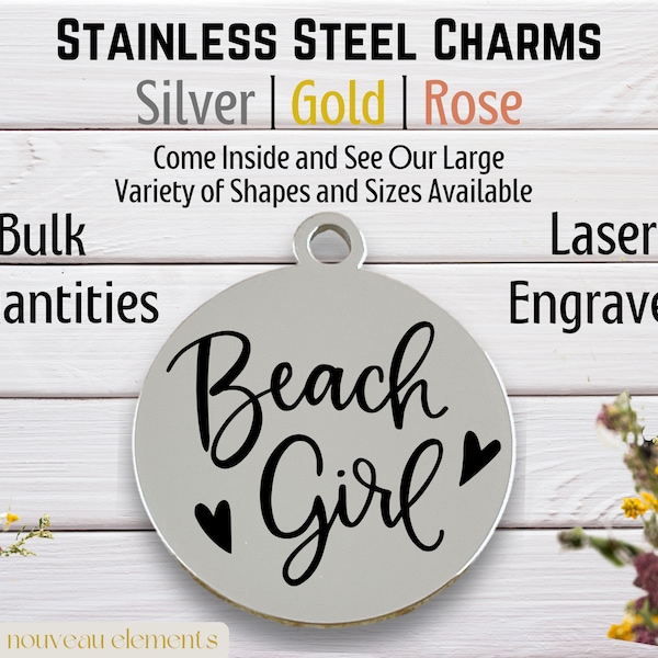 Beach Girl, Laser engraved charm, silver tone, gold tone charm, Stainless steel, beach jewelry, Beach babe