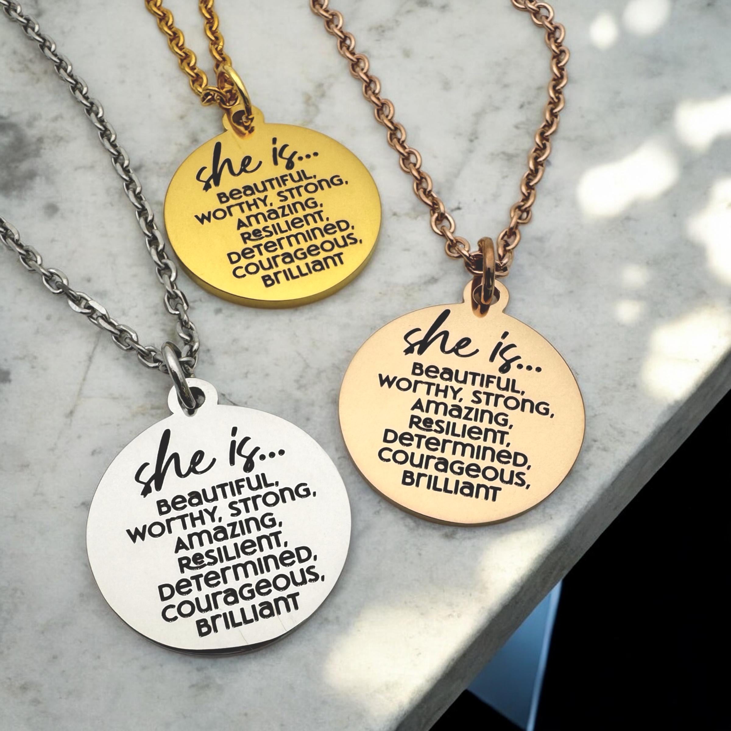 She is Necklace – Stainless Steel Laser Engraved Pendant