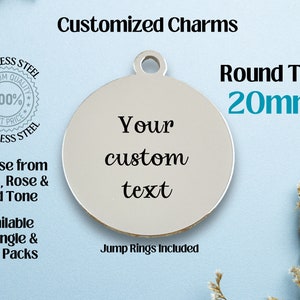 Customized 20mm Round w/ Tab Hole Stainless Steel Laser Engraved Charm, TAB hole, Add Your Text