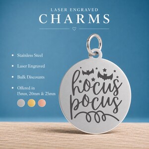 Hocus Pocus Charm, Halloween Gift, Witch Jewelry, Spooky Keepsake, Fall Accessory, Bat Engraved Stainless Steel image 1