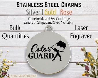 Color Guard Flag Girl, Laser Engraved Charm, stainless steel, silver tone, gold tone, rose tone, drill team, color guard dancer