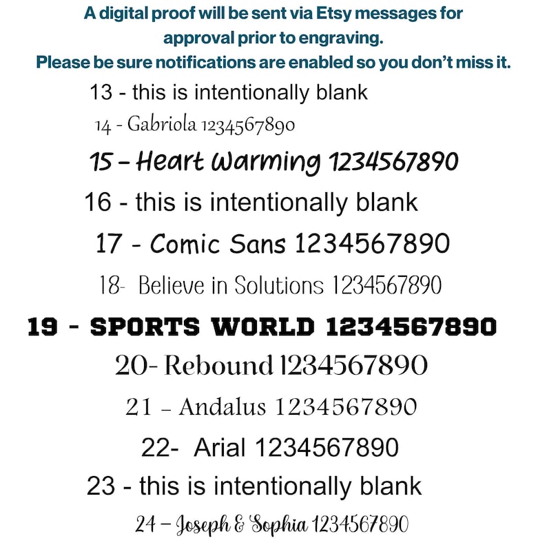Może przedstawiać: Białe tło z tekstem w r&oacute;żnych czcionkach i rozmiarach, w tym "Heart Warming" i "SPORTS WORLD" z powiązanymi numerami. Tekst zawiera r&oacute;wnież wiadomość o cyfrowych proofach i powiadomieniach Etsy.