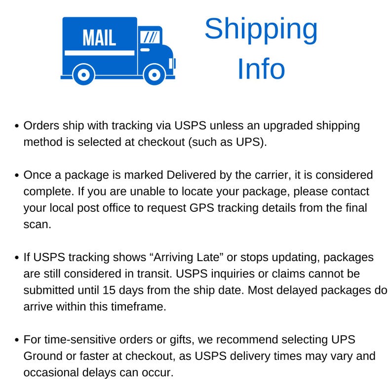 Może przedstawiać: Niebieska grafika z ciężar&oacute;wką pocztową i słowami "Shipping Info". Tekst wyjaśnia wysyłkę za pośrednictwem USPS z możliwością śledzenia oraz proces dla op&oacute;źnionych lub zagubionych paczek. Zaleca r&oacute;wnież UPS dla pilnych zam&oacute;wień.