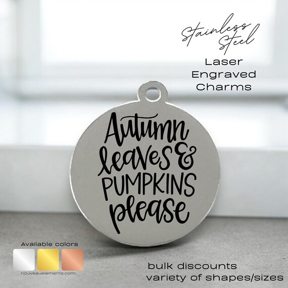 Autumn Leaves and Pumpkins Charm – Engraved Stainless Steel Pendant Fall Jewelry Supply