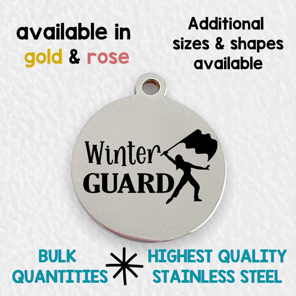 Winter Guard Flag Girl, Laser Engraved Charm, stainless steel, silver tone, gold tone, rose tone, drill team, color guard dancer