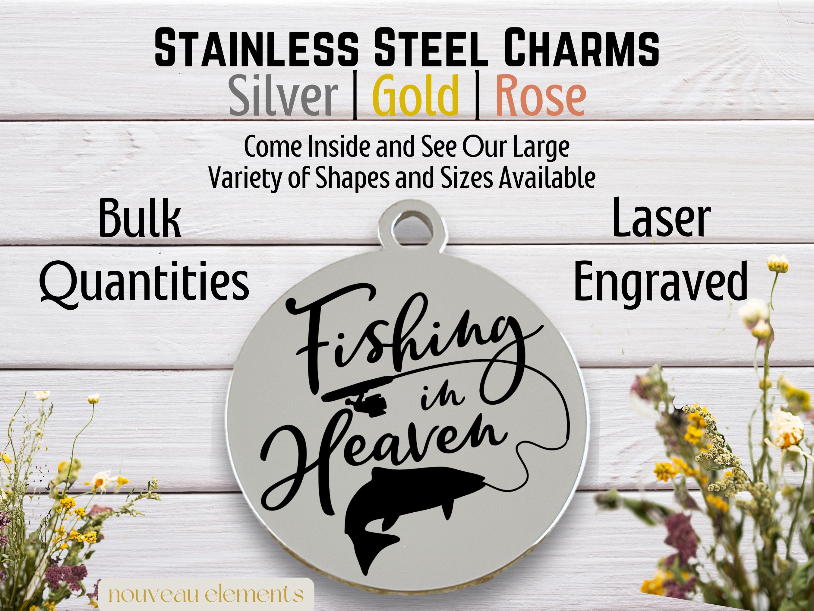 Fishing in Heaven, Laser Engraved Charm, Silver Tone Charm, Gold