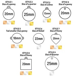 May include: A white graphic showing nine different styles of metal tags with varying shapes and sizes. Each tag has a measurement in millimeters, ranging from 15mm to 25mm. The image also displays color options for each tag.