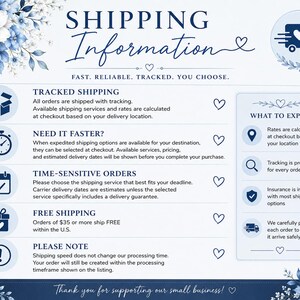 Op de afbeelding: Een informatieve afbeelding met blauwe bloemaccenten die het verzendbeleid beschrijft. De tekst bevat Shipping Information, Fast, Reliable, Tracked, You Choose, Tracked Shipping, Need It Faster, Time-Sensitive Orders, Free Shipping, Please Note en What To Expect.
