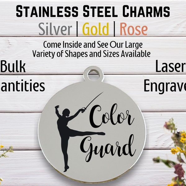 Color Guard Person Sabre, Laser engraved charm, Silver Tone, Gold Tone, Rose Tone Charm, stainless steel, Drill Team