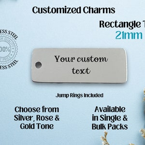 Customized 21mm Rectangle Tag with Drilled. Hole, Stainless Steel Laser Engraved Charm, Add Your Own Text, One word statement