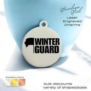 Winter Guard Bold Block w/Flag, Laser engraved charm, Silver Tone, Gold Tone, Rose Tone Charm, stainless steel, Drill Team, Color guard