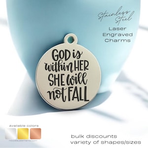 God Is Within Her Charm – Laser Engraved Stainless Steel Faith Gift, Psalm 46:5, Tag in Silver Gold Rose, engraved disc