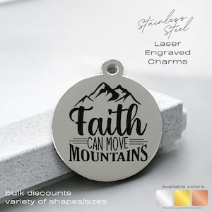 Faith Can Move Mountains Charm – Engraved Stainless Steel Scripture Tag | Inspirational Christian Gift or Keychain