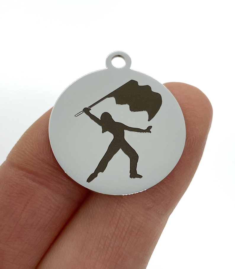 ROUND TAB 25 MM Large charm Color Guard Flag Girl Laser engraved 25mm charm silver tone keychain charm