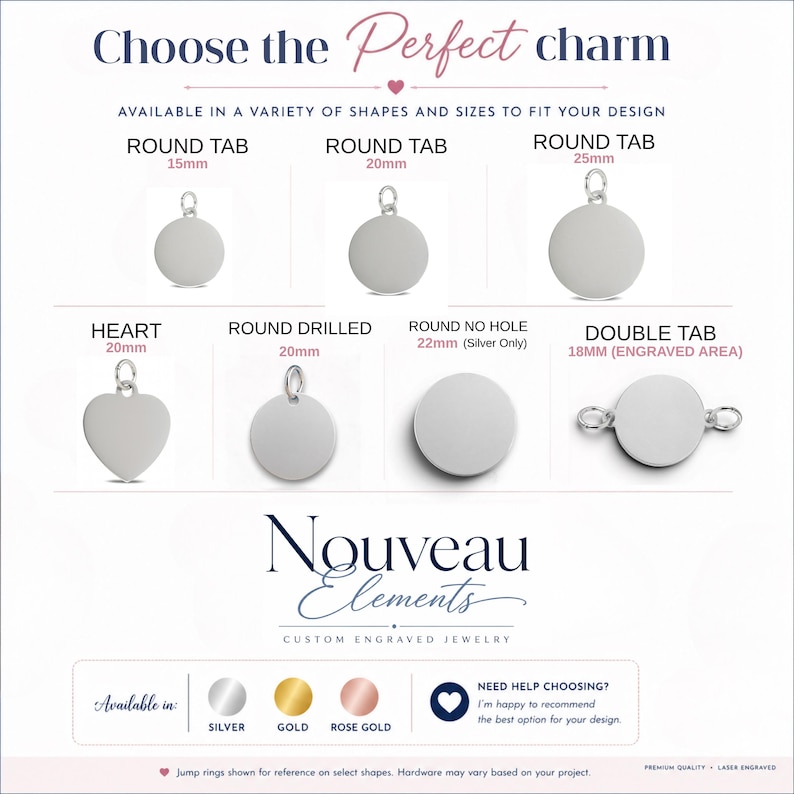 May include: A collection of silver-toned metal charms in various shapes and sizes, including round tabs of 15mm, 20mm, and 25mm, a 20mm heart, a 20mm round drilled charm, a 22mm round no-hole charm, and an 18mm double tab charm with text labels.