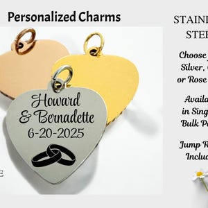 Personalized - Stainless Steel Laser Engraved  Heart Charm – 20mm | Silver, Gold, or Rose Gold Finish | Bulk Pack Options | Custom Charms