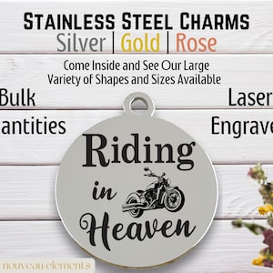 Riding in Heaven, laser engraved charm, silver tone charm, gold tone charm, Rose tone, memorial charm, motorcycle rider, biker loss