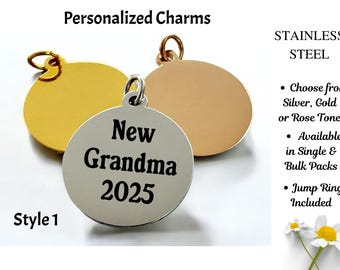 Personalized - Stainless Steel Laser Engraved Charm – 20mm | Silver, Gold or Rose Finish | Bulk Pack Options | custom charms
