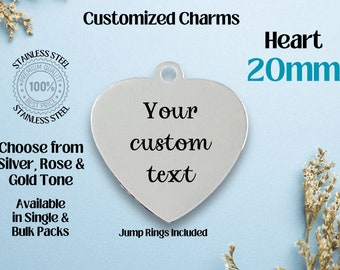 Customized 20mm Heart w/ Tab Hole Stainless Steel Laser Engraved Charm, Heart shape, Custom Metal Charm, Add Your Text