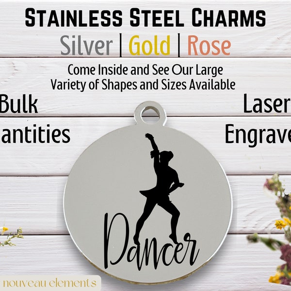 Dancer, Laser Engraved Charm, Dance charm, stainless steel, silver tone charm, gold tone, rose tone, dancing charm, dancer charm