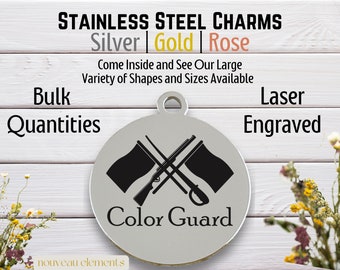 Color Guard Rifle and Flag, Laser Engraved Charm, silver tone charm, gold tone, rose tone, stainless steel, flag girl, drill team