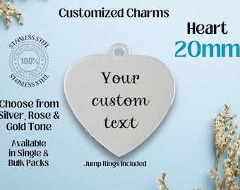 Customized 20mm Heart w/ Tab Hole Stainless Steel Laser Engraved Charm, Heart shape, Custom Metal Charm, Add Your Text