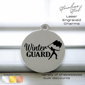 Winter Guard Flag Girl, Laser Engraved Charm, stainless steel, silver tone, gold tone, rose tone, drill team, color guard dancer