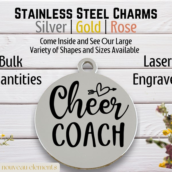 Cheer Coach, Laser Engraved Charm, stainless steel, gold tone, silver tone, rose tone,  cheerleading charm, cheering charm