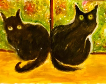 Dipinto ad acquerello raffigurante due gatti neri: un'opera d'arte felina fantasiosa, 18x12 cm, decorazione murale originale.