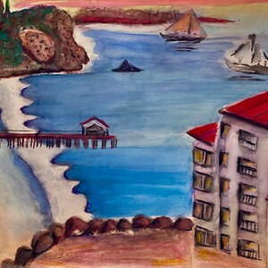 May include: A watercolour painting depicting a coastal town with a pier stretching out into the blue sea. A white building with a red roof is in the foreground, and a small boat is sailing in the distance.