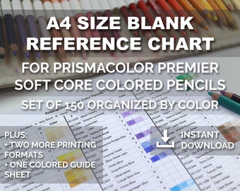 Gotowa do wydruku pusta tabela referencyjna w formacie A4 dla zestawu 150 kolorowych ołówków Prismacolor Premier Soft Core uporządkowanych według koloru