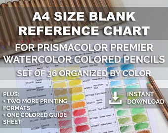 A4 Size Ready to Print Blank Reference Chart for Prismacolor Premier Watercolor Colored Pencils Set of 36 Organized by Color