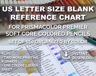 Rozmiar US Letter Gotowy do wydruku Pusta tabela referencyjna dla zestawu 150 kolorowych ołówków Prismacolor Premier Soft Core uporządkowanych według koloru