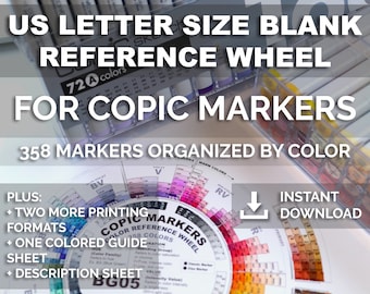 May include: A printable US Letter size color wheel reference guide for Copic markers. The wheel features 358 markers organized by color, plus two more printing formats, one colored guide sheet, and a description sheet. The wheel is labeled with the text "Copic Markers Color Reference Wheel 358 Colors".