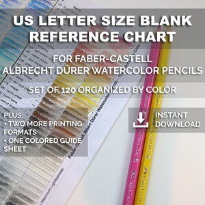 May include: A blank reference chart for Faber-Castell Albrecht Dürer watercolor pencils, organized by color. The chart is US letter size and includes a set of 120 colors. The chart is labeled "For Faber-Castell Albrecht Dürer Watercolor Pencils - Set of 120 Organized by Color". Three Faber-Castell Albrecht Dürer watercolor pencils are shown in the image.