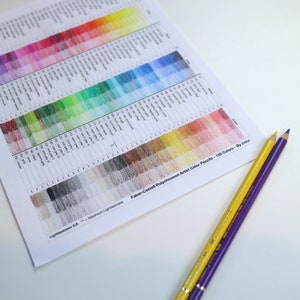 May include: A chart showing the color swatches of 120 Faber-Castell Polychromos Artist Color Pencils. The chart is organized by color family and includes a lightfastness scale. Two pencils are shown in the foreground, one purple and one yellow.