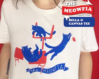 The ORIGINAL Meowfia™ Unisex Jersey Short Sleeve Tee - Akasya Crosier Illustration Funny Game Day soft shirt for Bills Mafia Cat Lovers