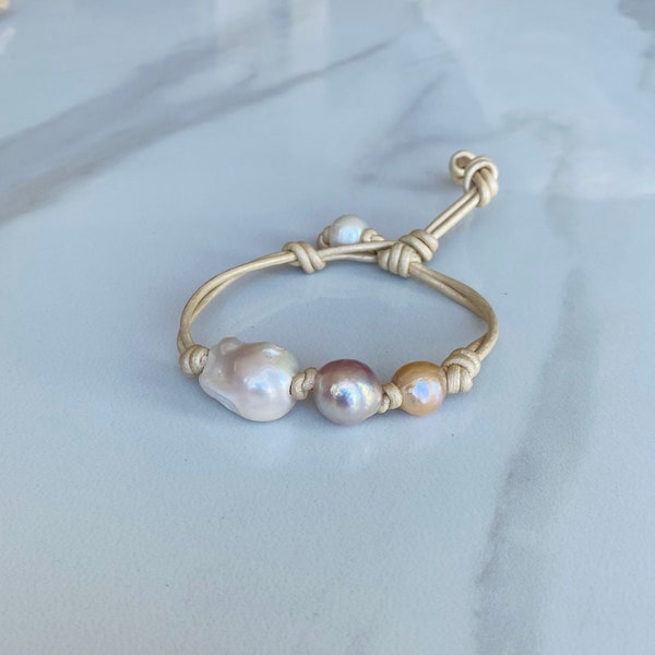 Pearls & Sandy Leather Bracelet, Mived Pearls, Edison Pearls, Boho Luxe, Baroque Pearls