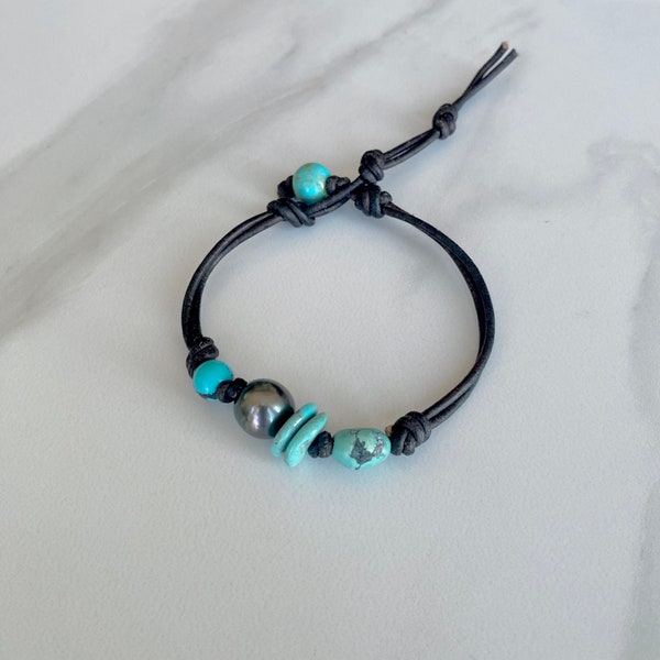 Bracelet en cuir de perles de Tahiti et turquoise, bracelet pour homme, bracelets pour elle et lui, turquoise naturelle