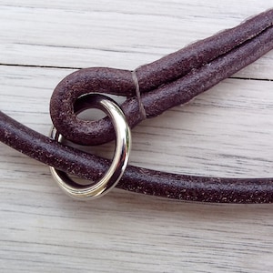 Detail of brown slip collar with chrome ring