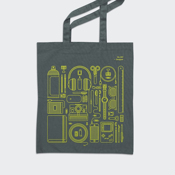 Art Objects Tote Bag - Minimal Design Office Tools - Handmade Screen Print - Grey Shoulder Bag - Graphic Designer Supplies - Halftone Icons