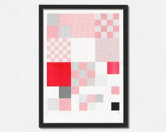 Pixel Art Print - Abstract Geometric Landscape - Minimal A3 Risograph Print - Red QR Illustration