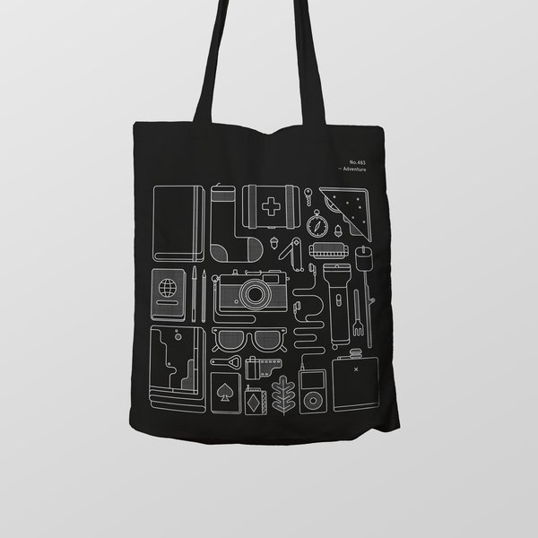 Adventure Tote Bag - Shopping Bag - Screen Printed Black Cotton Tote Bag