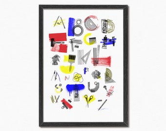 Abstract Alphabet Print - Minimal A3 Typographic Risograph Art - Art Studio Items and Objects - Colourful Type Collage Design